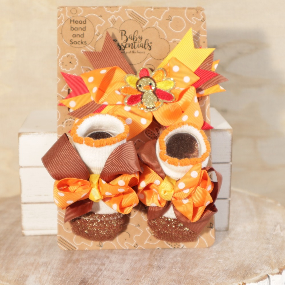 Baby Essentials Thanksgiving Turkey Headband and Socks Set 0-6M Orange Brown